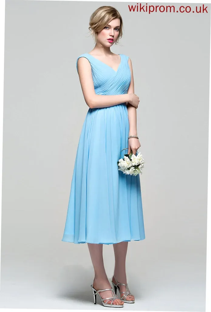 Embellishment Tea-Length Length Neckline A-Line Silhouette Fabric V-neck Ruffle Pat Bridesmaid Dresses