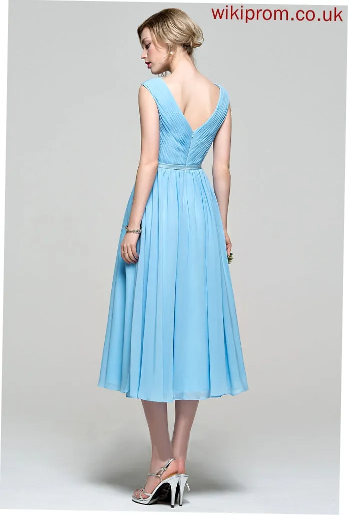 Embellishment Tea-Length Length Neckline A-Line Silhouette Fabric V-neck Ruffle Pat Bridesmaid Dresses