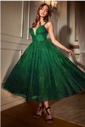 Emerald Glitter Flocked Tea Length Dress