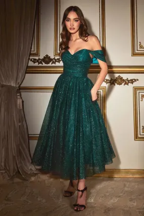 Emerald Off The Shoulder Glitter Tea Length Dress