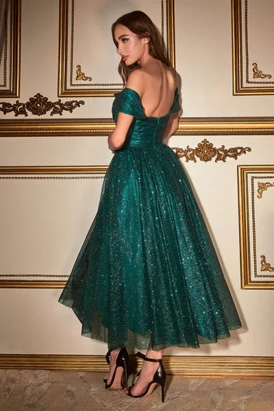 Emerald Off The Shoulder Glitter Tea Length Dress