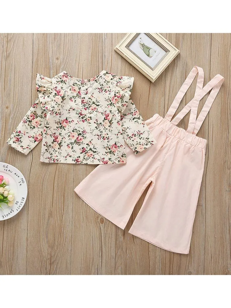 Fall 2-Piece Flower Top & Pink Suspender Pants Set