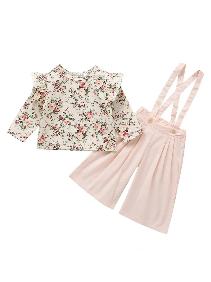 Fall 2-Piece Flower Top & Pink Suspender Pants Set