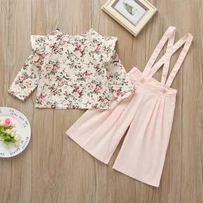 Fall 2-Piece Flower Top & Pink Suspender Pants Set