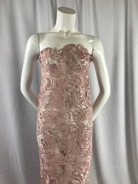 Fascinating dusty rose light weight guipure design-prom-nightgown-decorations-apparel-fashion-dresses-sold by the yard.