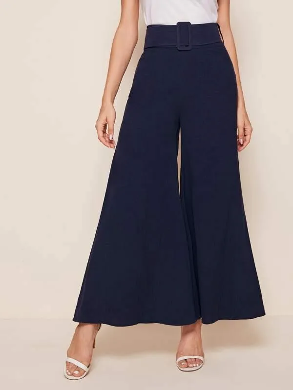 Flare Leg Solid Belted Pants