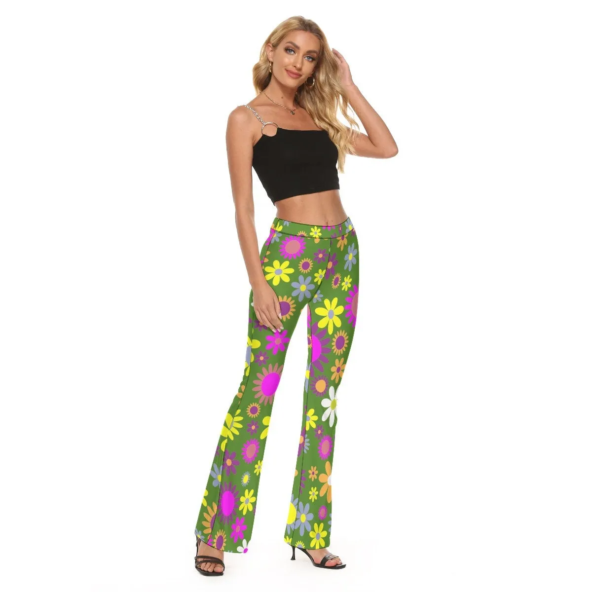 Flare Pants, 70s Hippie Pants, Floral Pants, Wide Leg Pants, Green Flare Pants,Retro Pants,70s style Pants,Wide Leg Yoga Pants,Mod 60s pants