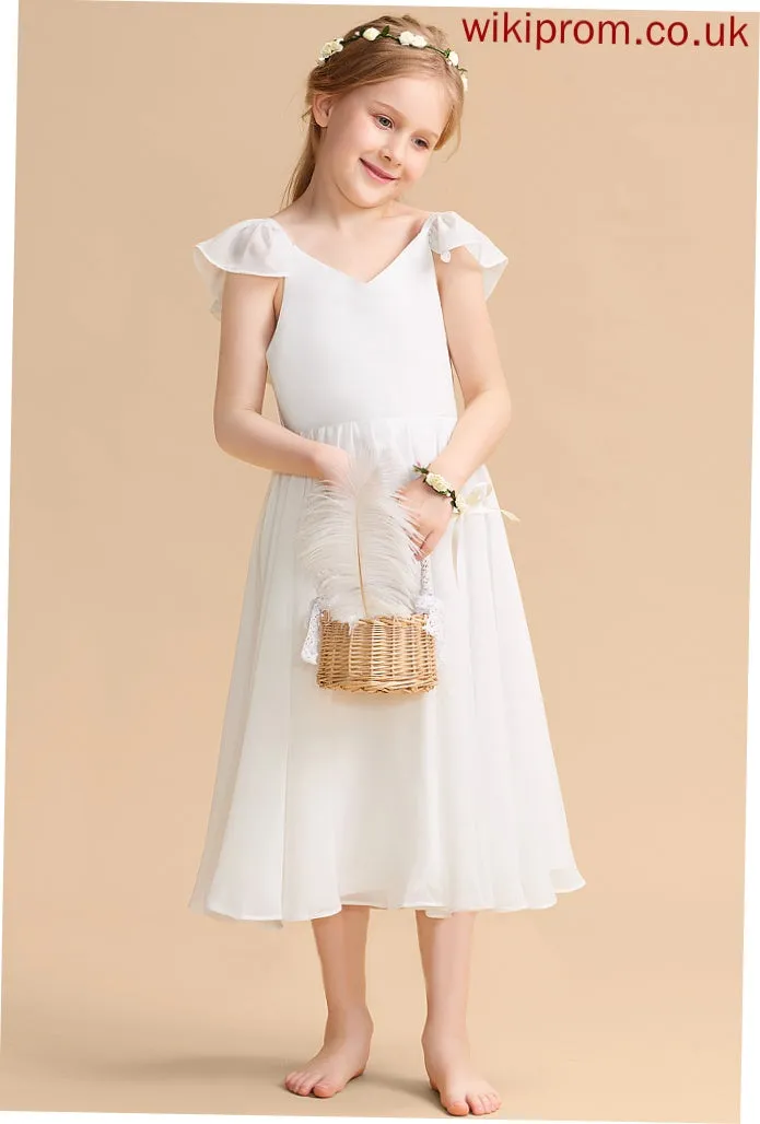 Flower Girl Dresses Tea-length Karly - V-neck Girl Flower Chiffon/Satin A-Line Dress Sleeveless