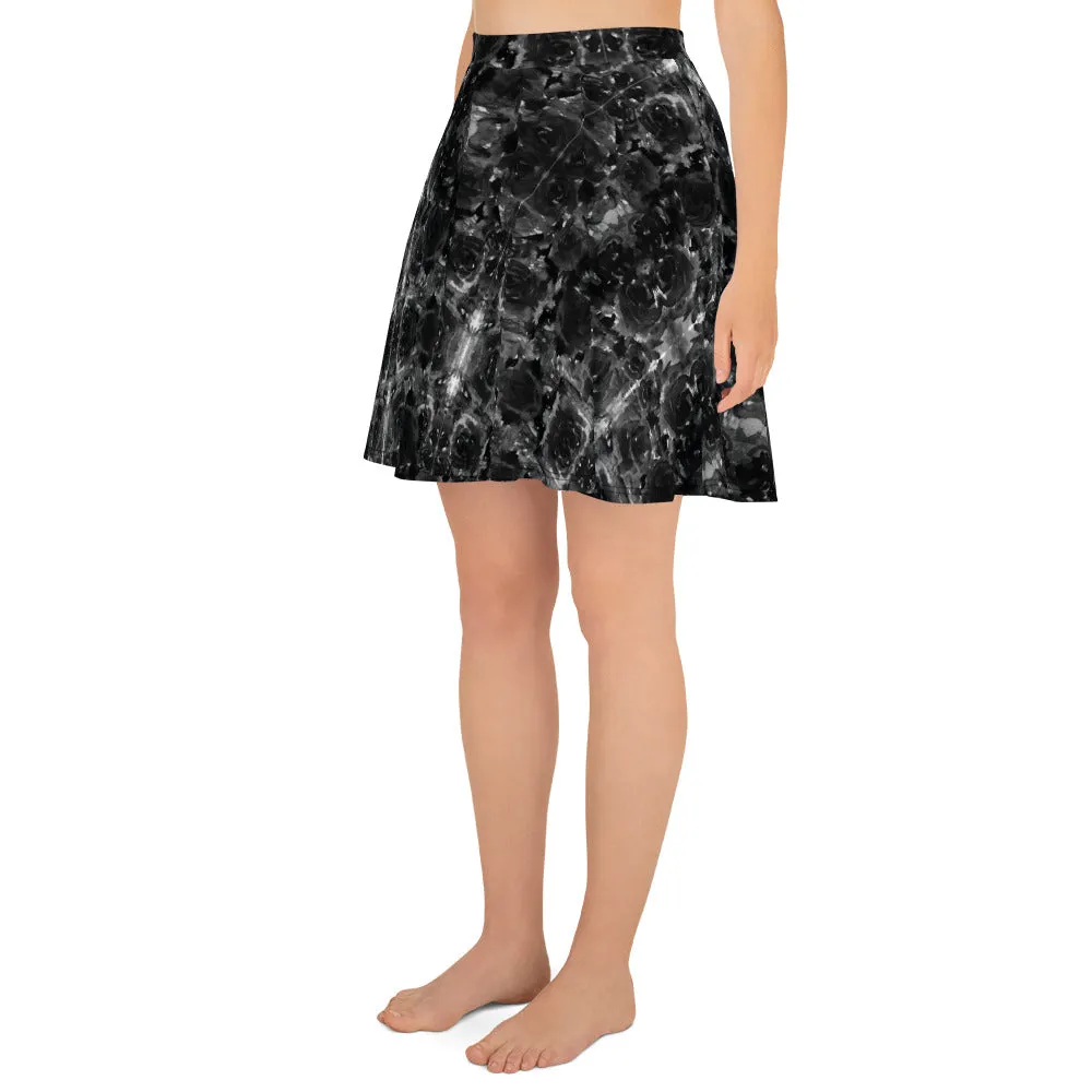 Gray Rose Floral Skater Skirt, Floral Print Women's A-Line Flared Skater Skirt-Made in USA/EU