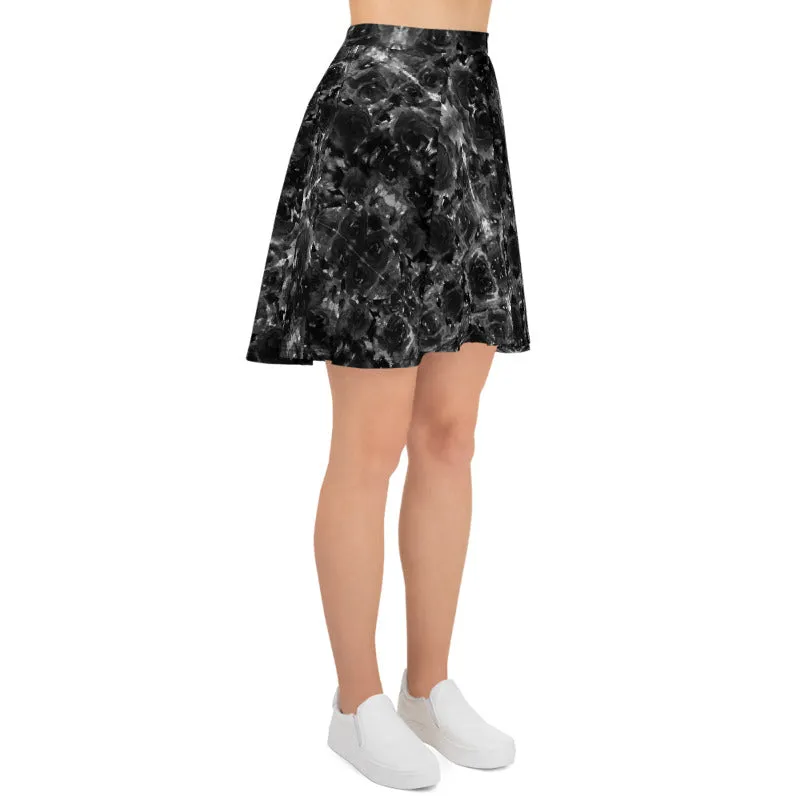 Gray Rose Floral Skater Skirt, Floral Print Women's A-Line Flared Skater Skirt-Made in USA/EU