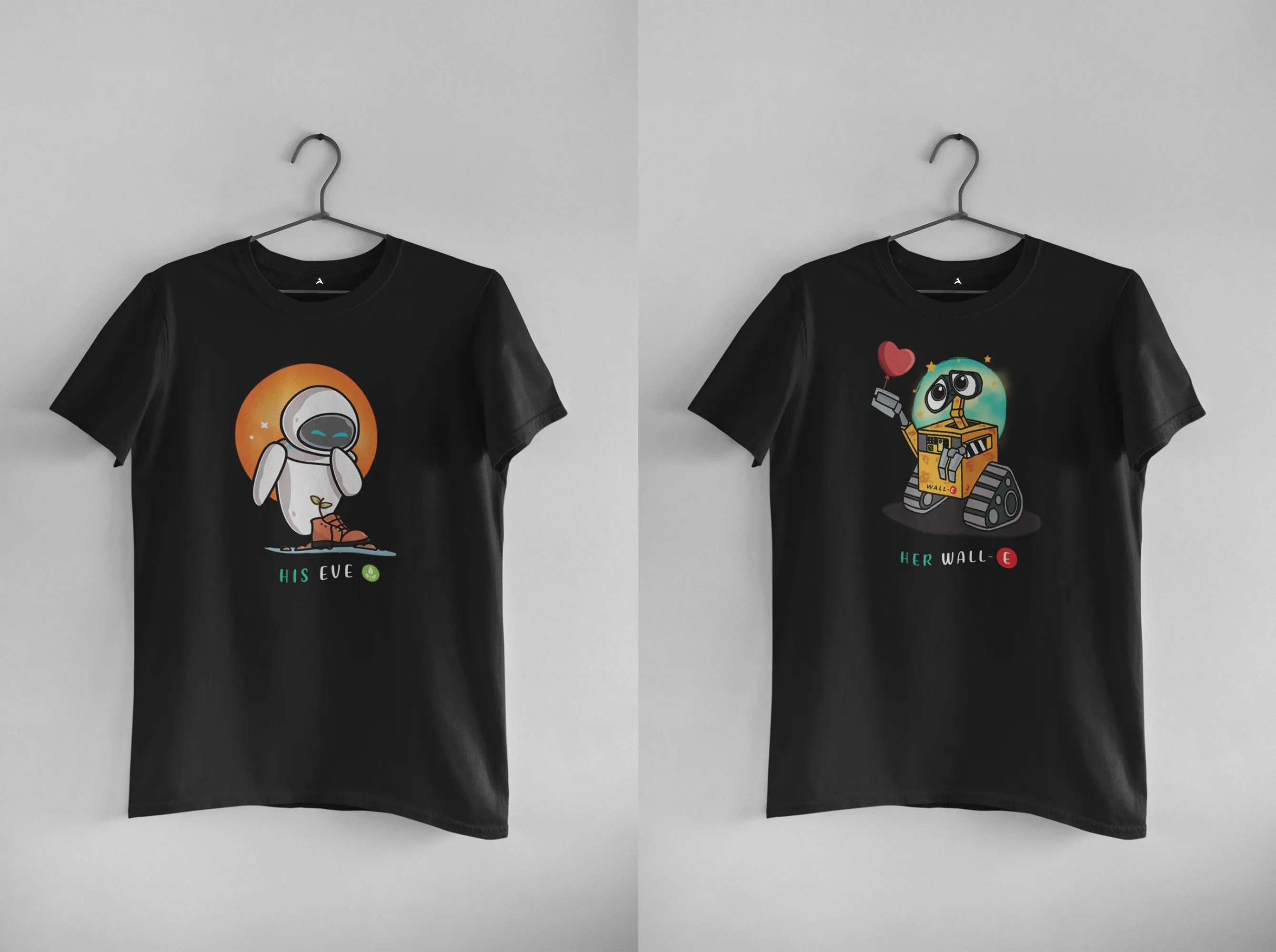 His Eve & Her Wall E: Disney- Half Sleeve Couple T shirts