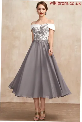 Kaila A-Line Lace Mother Tea-Length the Chiffon of Dress Bride Off-the-Shoulder Mother of the Bride Dresses