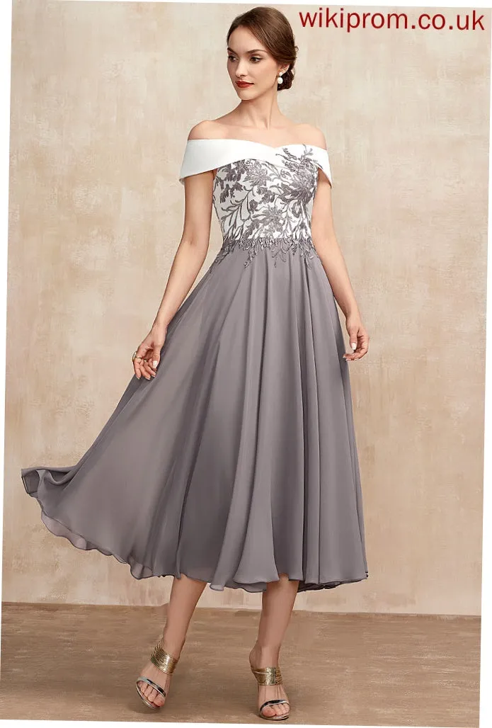 Kaila A-Line Lace Mother Tea-Length the Chiffon of Dress Bride Off-the-Shoulder Mother of the Bride Dresses