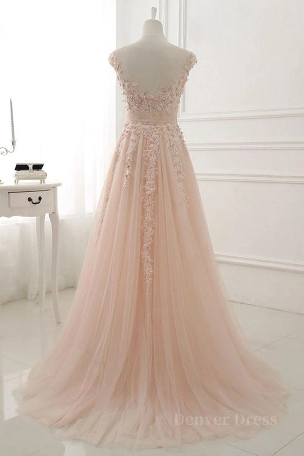 kamahe Round Neck Pink Lace Prom Dresses, Pink Lace Formal Evening Dresses