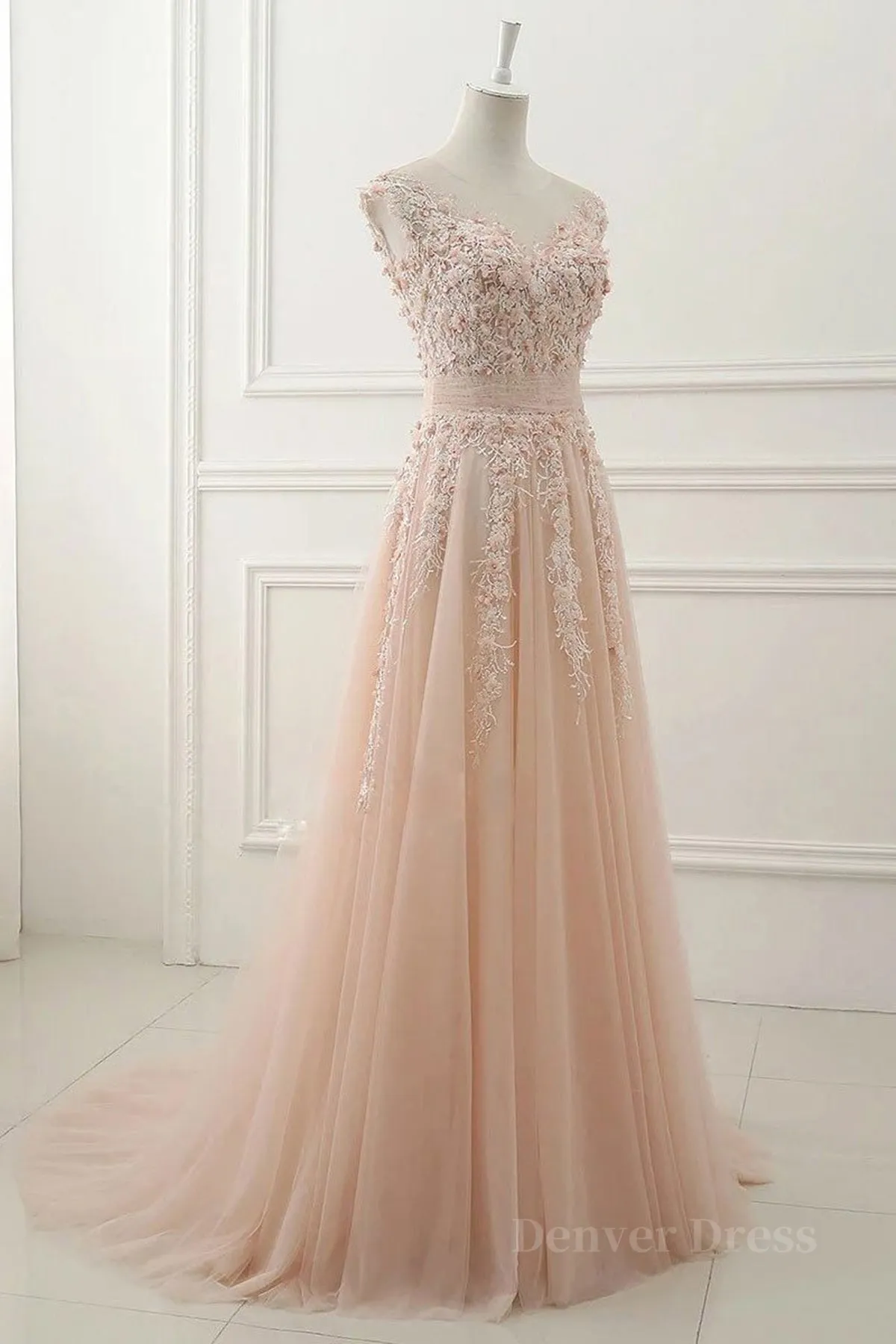 kamahe Round Neck Pink Lace Prom Dresses, Pink Lace Formal Evening Dresses