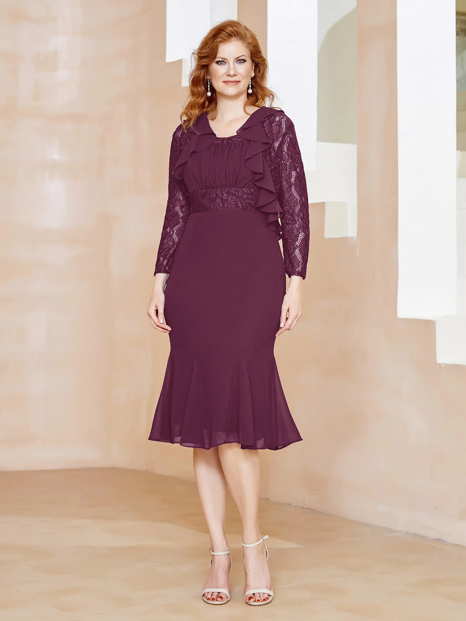 Lace Ruffles Tea-length Dress with Sequins Mulberry