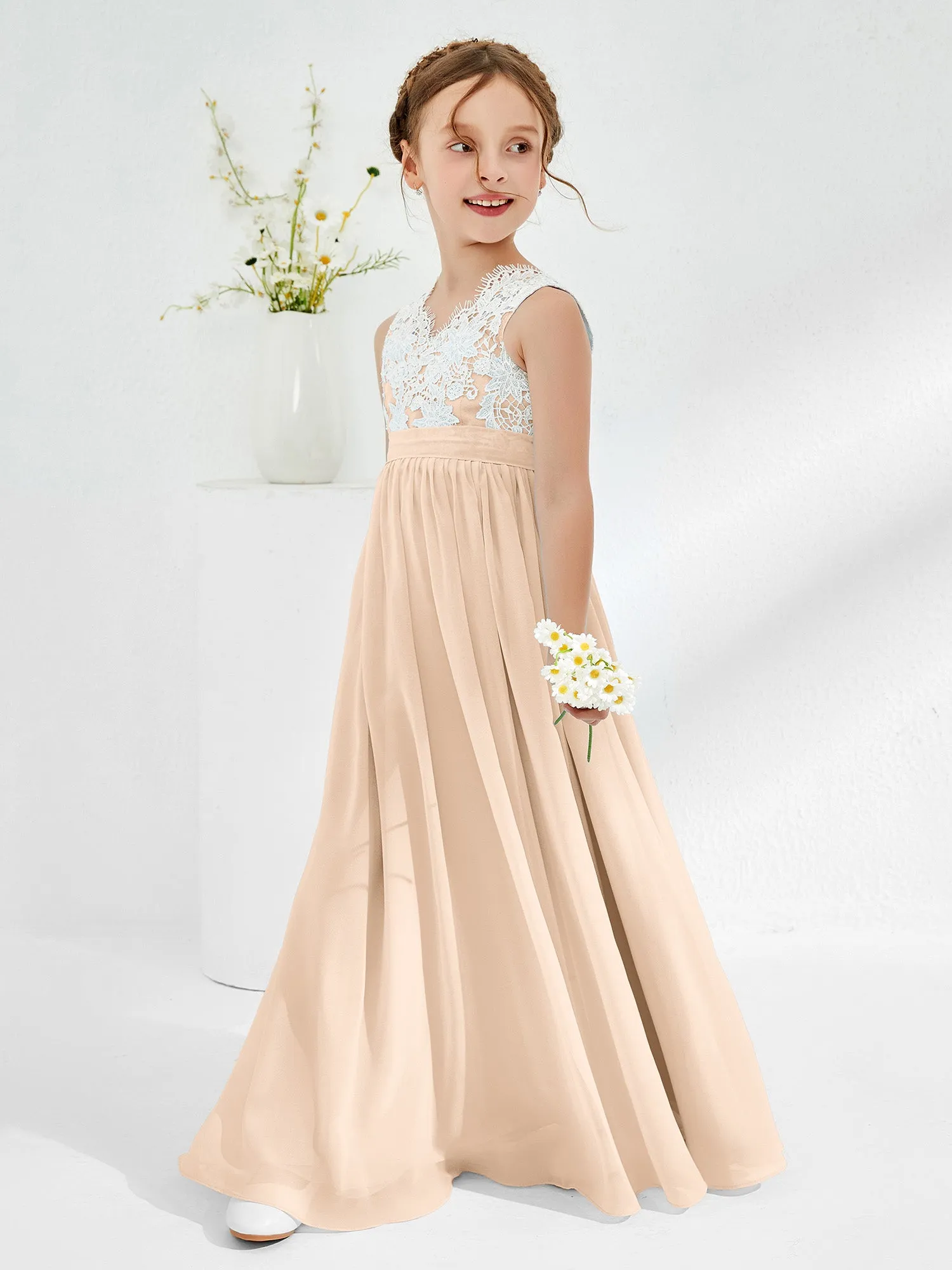 Lace Top Junior Bridesmaid Dresses Peach