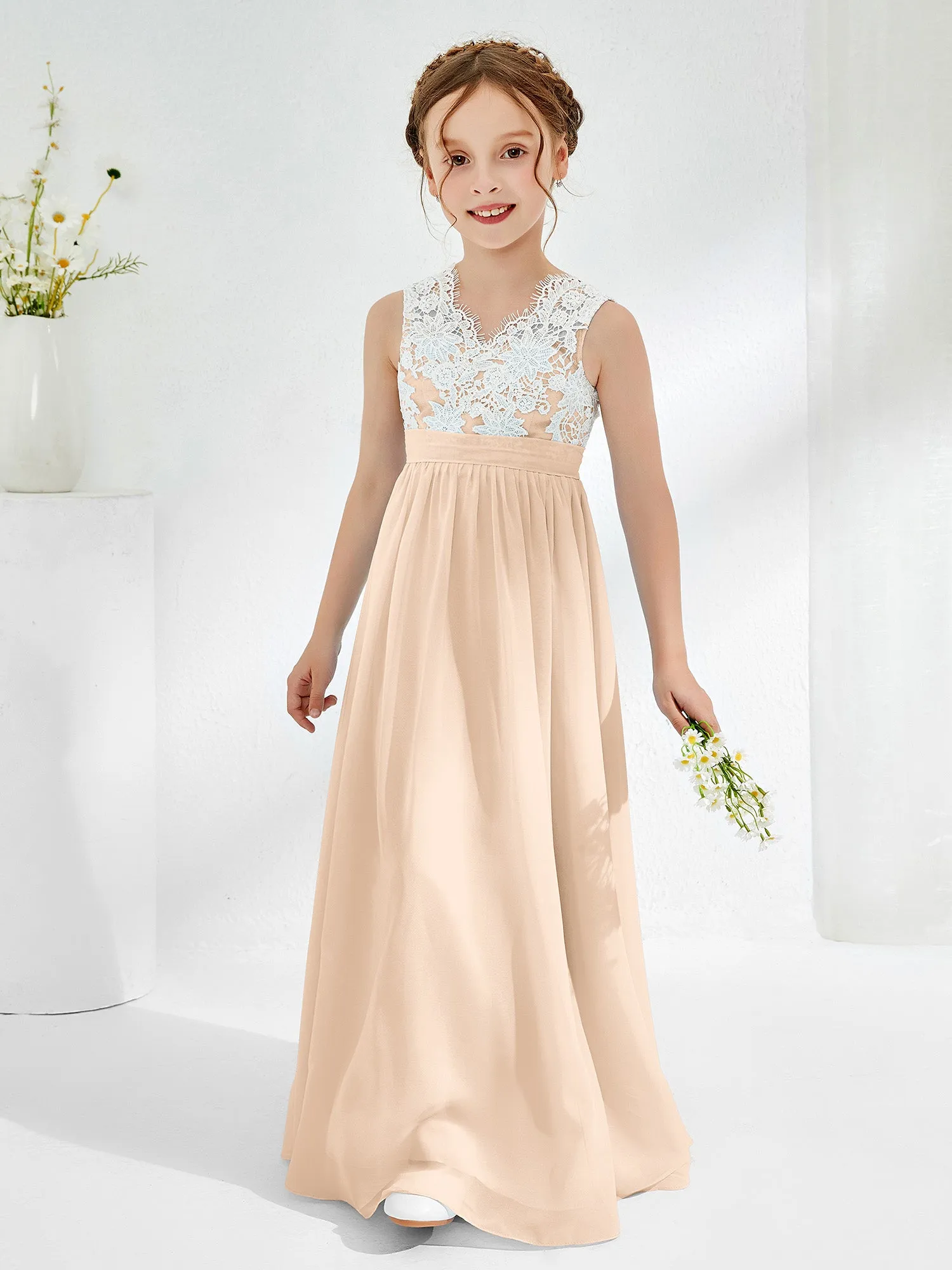 Lace Top Junior Bridesmaid Dresses Peach