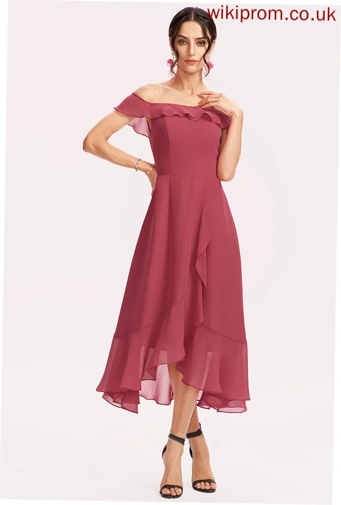 Length A-Line Silhouette CascadingRuffles Off-the-Shoulder Fabric Tea-Length Embellishment Neckline Mattie A-Line/Princess Natural Waist Bridesmaid Dresses