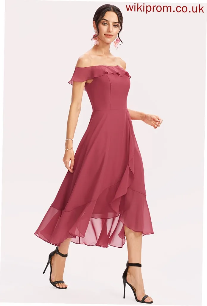 Length A-Line Silhouette CascadingRuffles Off-the-Shoulder Fabric Tea-Length Embellishment Neckline Mattie A-Line/Princess Natural Waist Bridesmaid Dresses