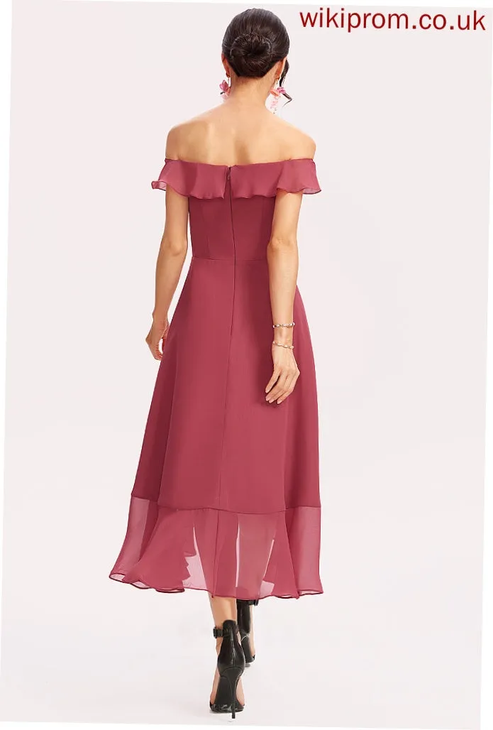 Length A-Line Silhouette CascadingRuffles Off-the-Shoulder Fabric Tea-Length Embellishment Neckline Mattie A-Line/Princess Natural Waist Bridesmaid Dresses