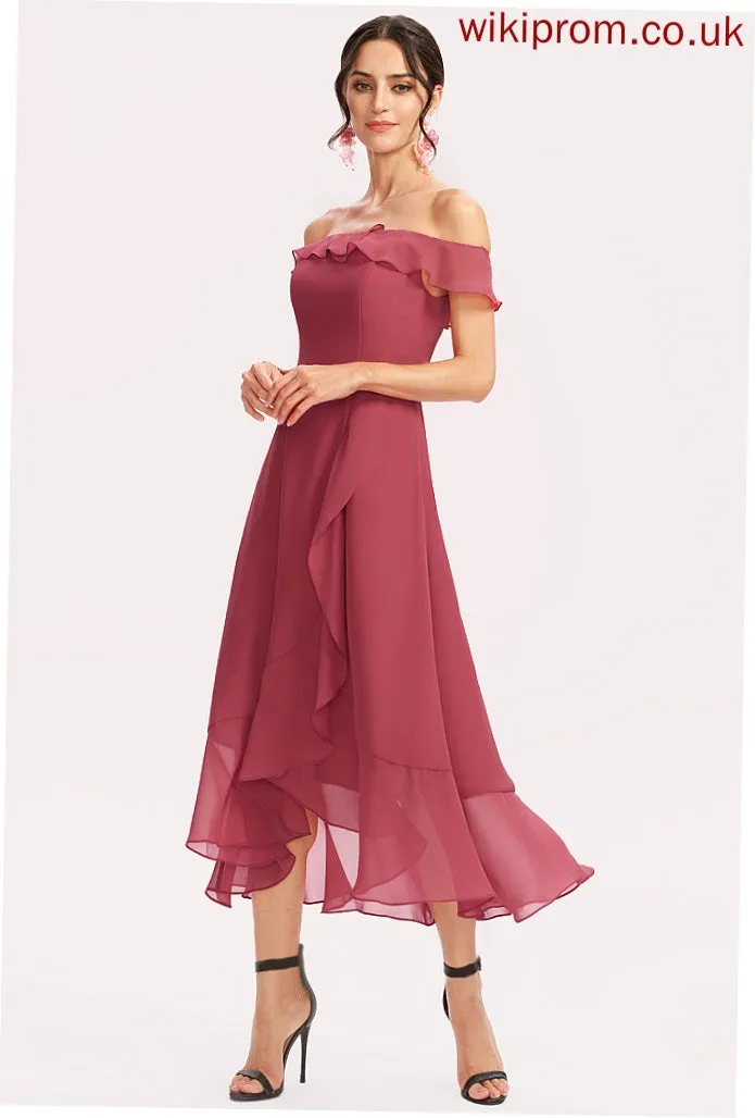 Length A-Line Silhouette CascadingRuffles Off-the-Shoulder Fabric Tea-Length Embellishment Neckline Mattie A-Line/Princess Natural Waist Bridesmaid Dresses