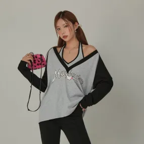 Letter Printed V-Neck Halter Layered Loosefit Sweatshirt