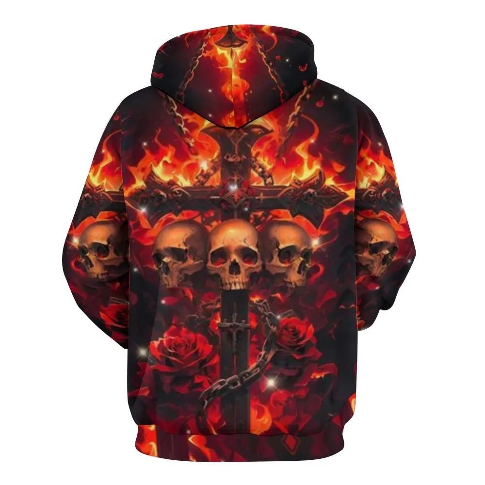 Mens Halloween Fire Skull with Roses 3D Print Hoodies