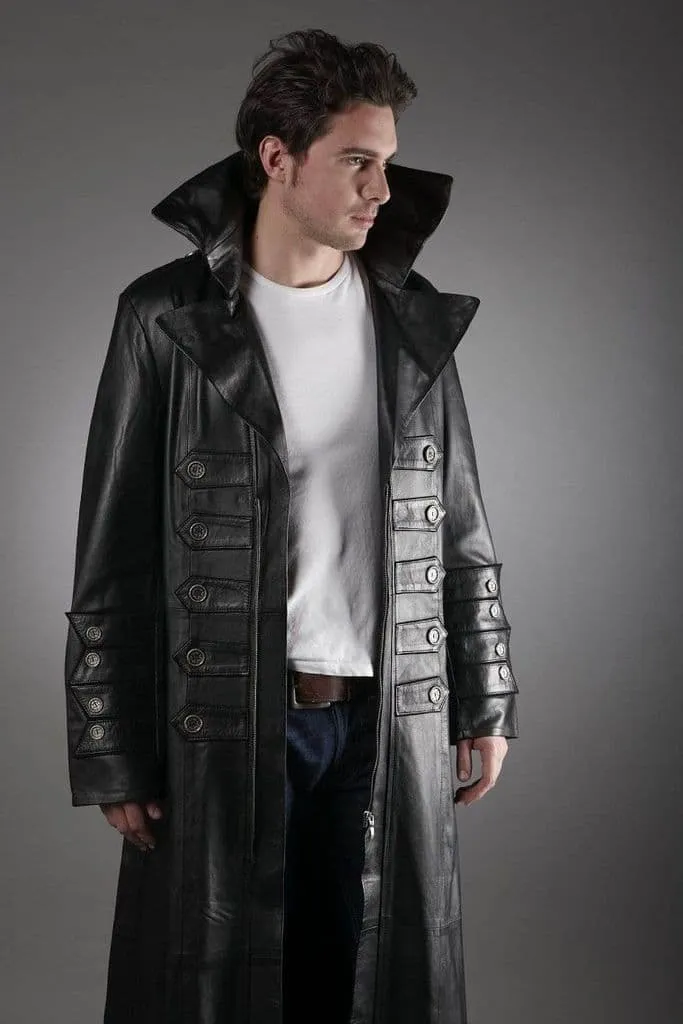 Men's Military Black Leather Trench Coat