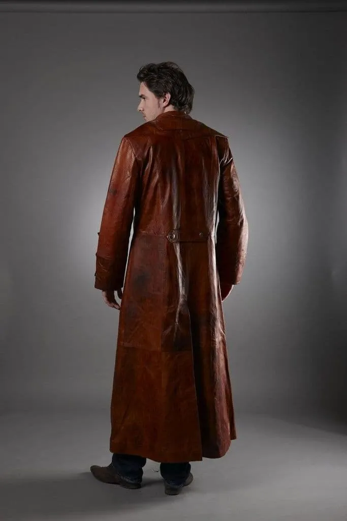 Men's Military Black Leather Trench Coat