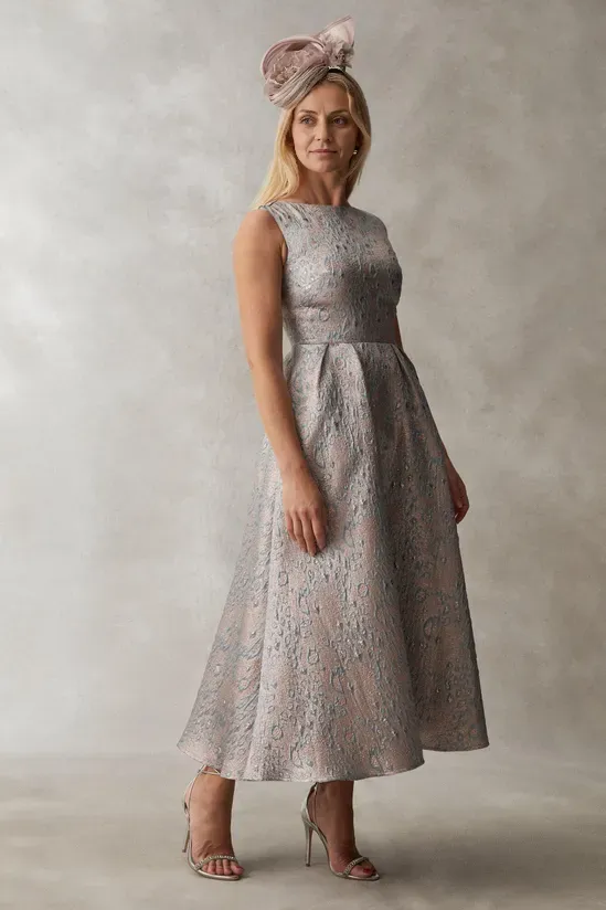 Metallic Jacquard Midi Dress Tea length A-Line Wedding Guest Dresses Mother of the Bride Dresse