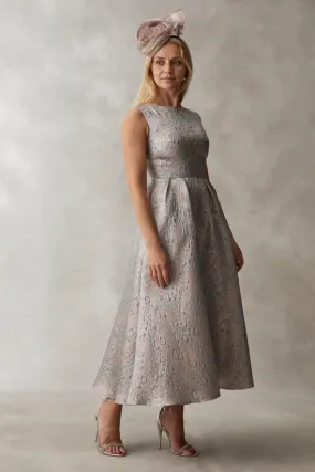 Metallic Jacquard Midi Dress Tea length A-Line Wedding Guest Dresses Mother of the Bride Dresse