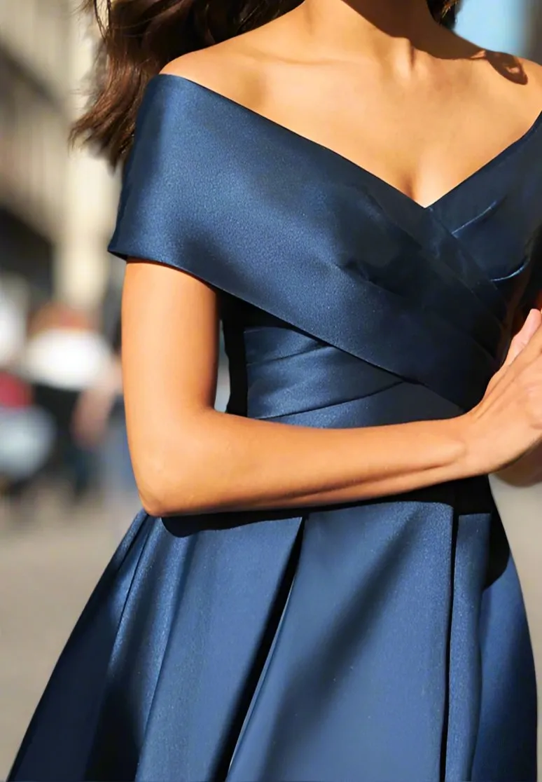 Navy Blue Off-The-Shoulder A-Line Satin Tea Length Mother of The Bride Dresses