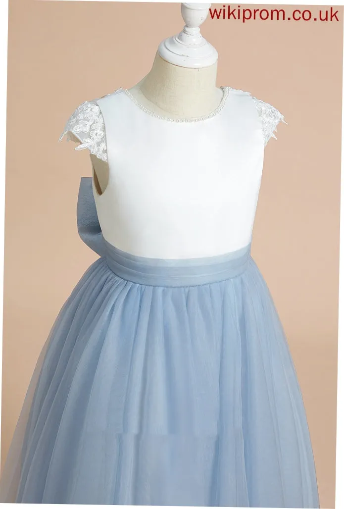 Neck Tea-length A-Line Elva Satin/Tulle Dress Sleeveless Girl - Scoop Flower Flower Girl Dresses With Lace/Bow(s)