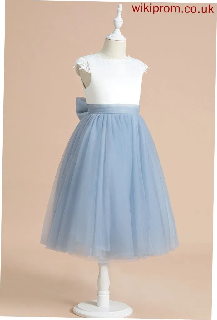 Neck Tea-length A-Line Elva Satin/Tulle Dress Sleeveless Girl - Scoop Flower Flower Girl Dresses With Lace/Bow(s)