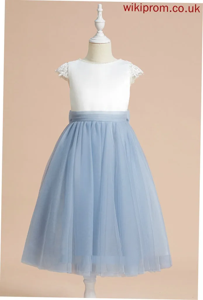 Neck Tea-length A-Line Elva Satin/Tulle Dress Sleeveless Girl - Scoop Flower Flower Girl Dresses With Lace/Bow(s)