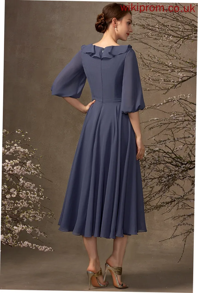 of Chiffon A-Line Tea-Length Dress Mother of the Bride Dresses Mother With the Bride Neck Ruffles Cascading Angeline Scoop