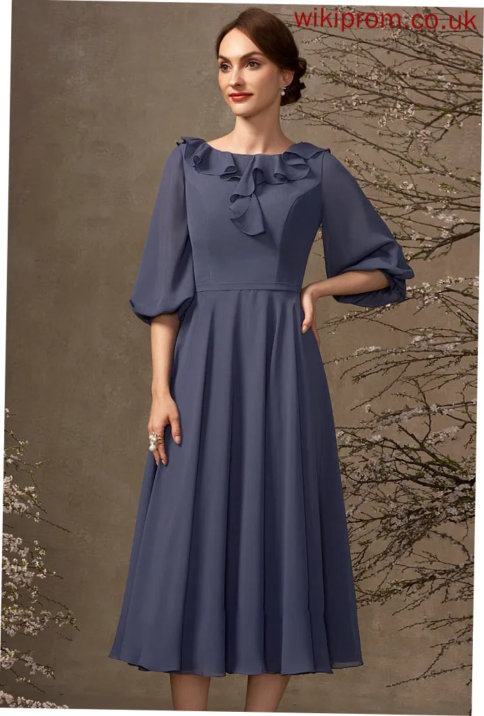 of Chiffon A-Line Tea-Length Dress Mother of the Bride Dresses Mother With the Bride Neck Ruffles Cascading Angeline Scoop