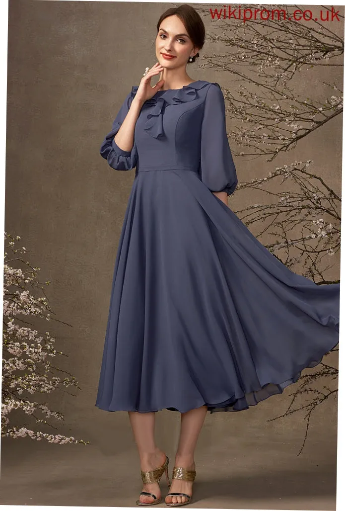 of Chiffon A-Line Tea-Length Dress Mother of the Bride Dresses Mother With the Bride Neck Ruffles Cascading Angeline Scoop