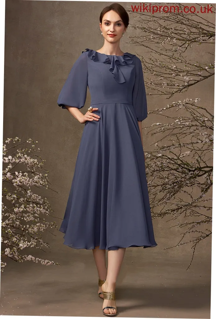 of Chiffon A-Line Tea-Length Dress Mother of the Bride Dresses Mother With the Bride Neck Ruffles Cascading Angeline Scoop