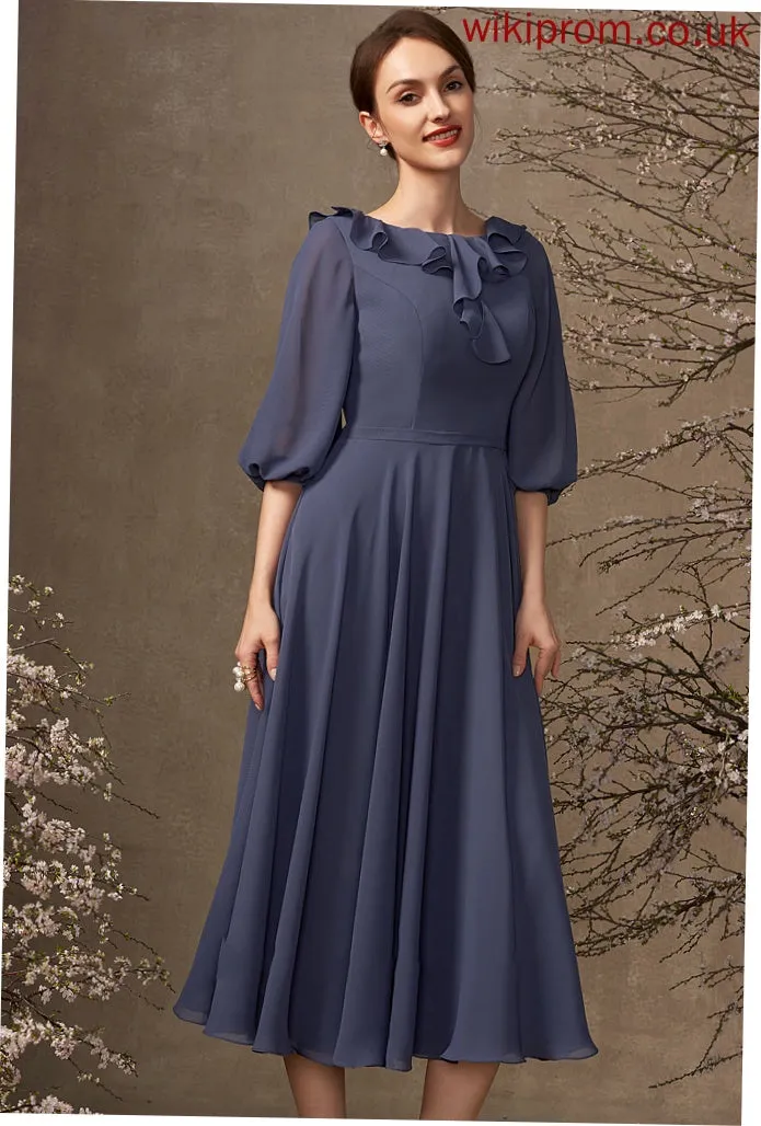 of Chiffon A-Line Tea-Length Dress Mother of the Bride Dresses Mother With the Bride Neck Ruffles Cascading Angeline Scoop