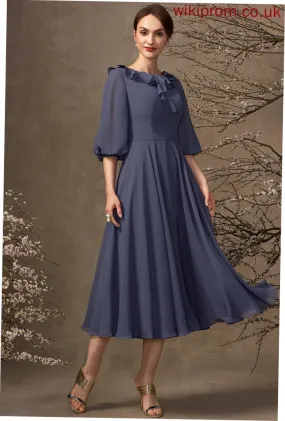 of Chiffon A-Line Tea-Length Dress Mother of the Bride Dresses Mother With the Bride Neck Ruffles Cascading Angeline Scoop