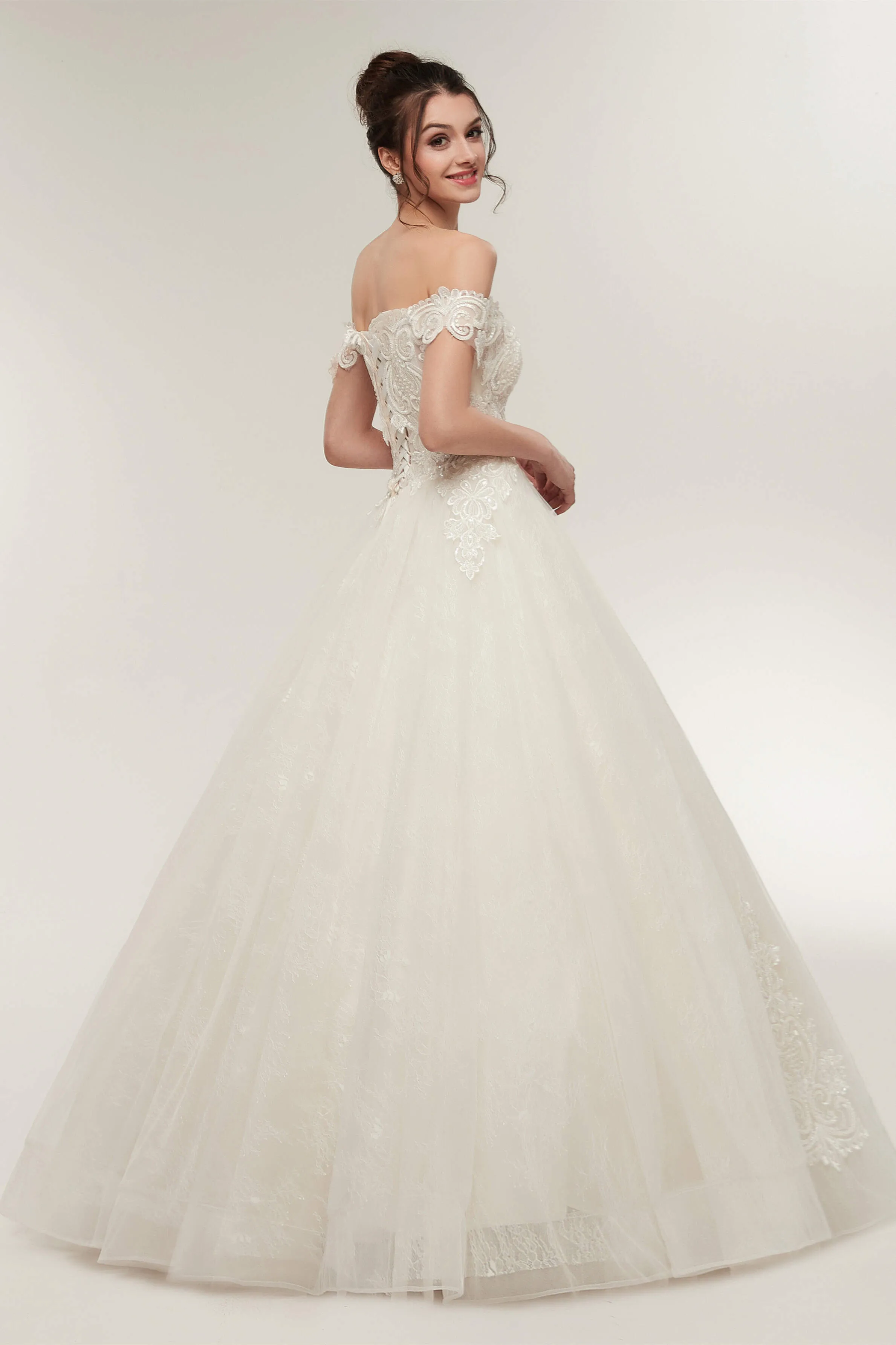 Off-shoulder Sweetheart A-line Lace-up Floor Length Lace Appliques Wedding Dresses