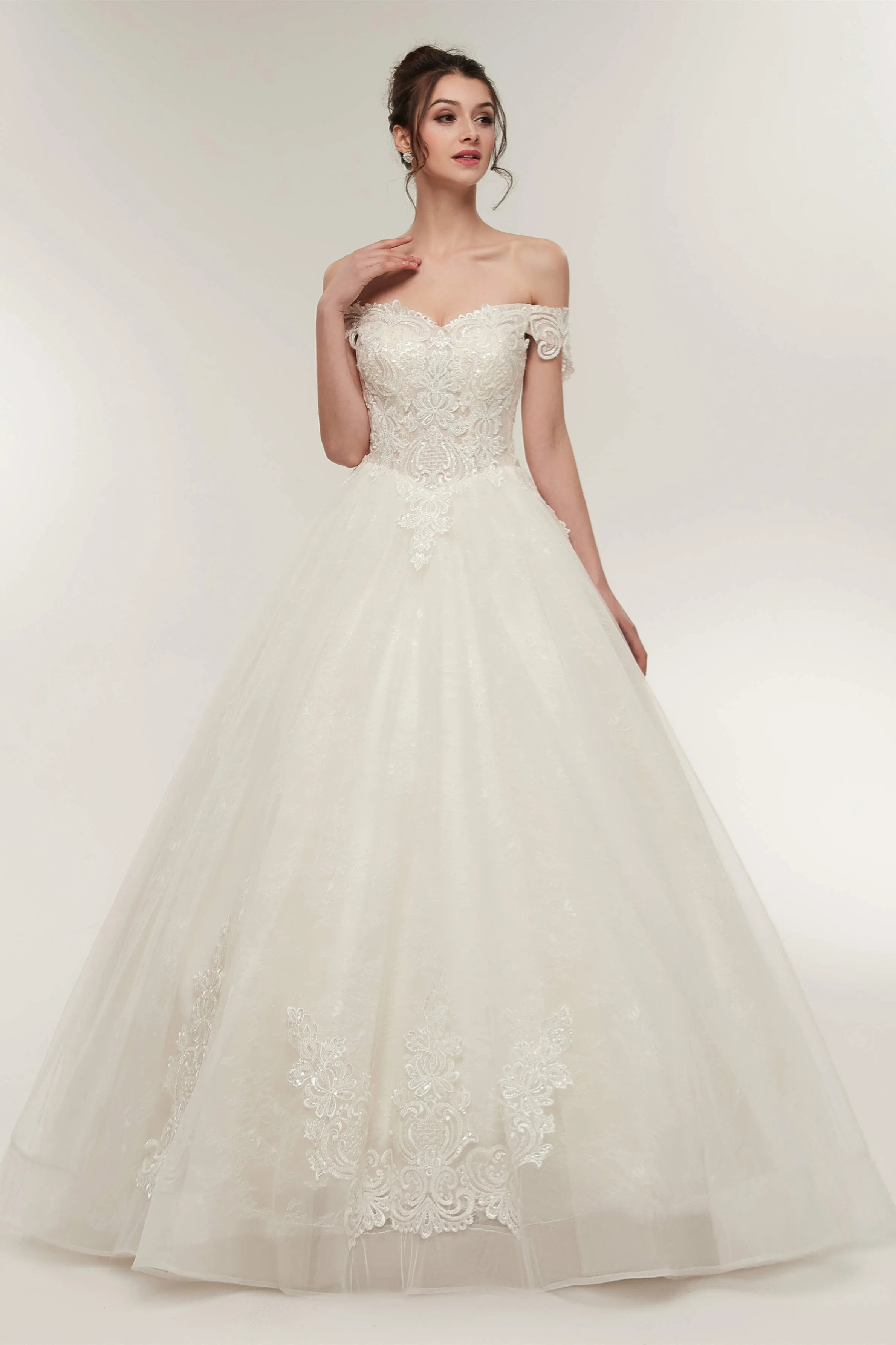 Off-shoulder Sweetheart A-line Lace-up Floor Length Lace Appliques Wedding Dresses