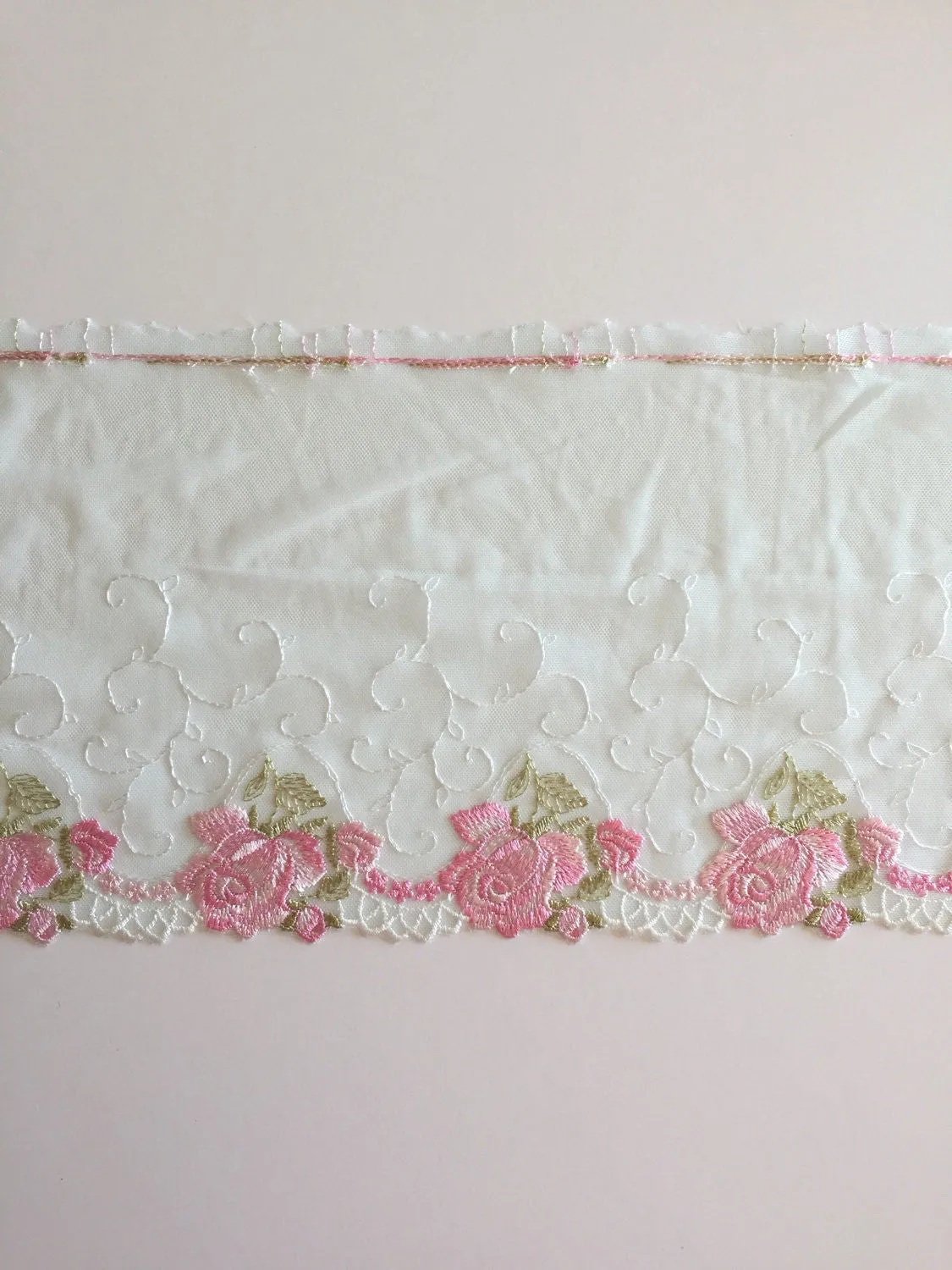 Pink/Mint Green 7.25" Wide Embroidered Lace Trim