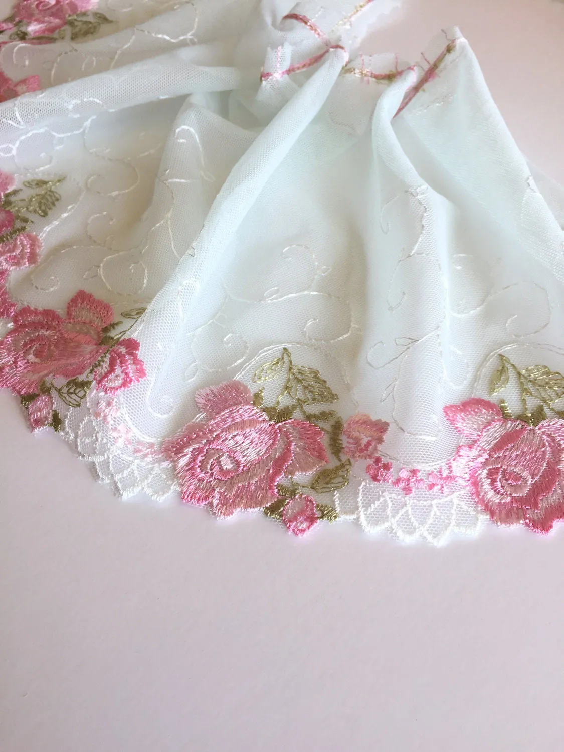 Pink/Mint Green 7.25" Wide Embroidered Lace Trim