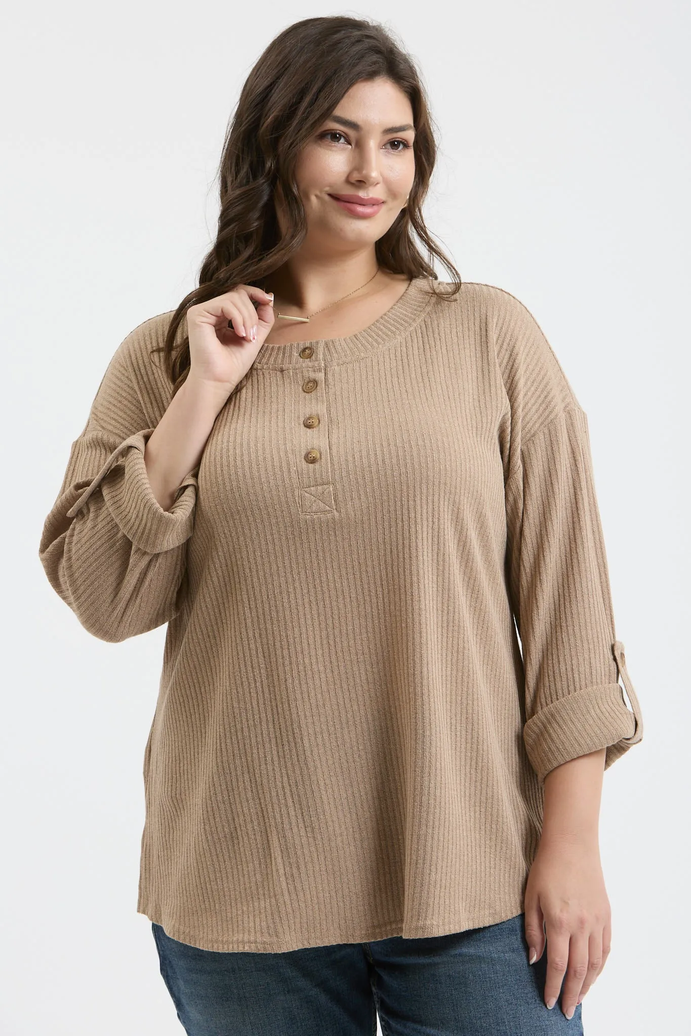 PLUS 3/4 TAB SLEEVE HENLEY KNIT TOP