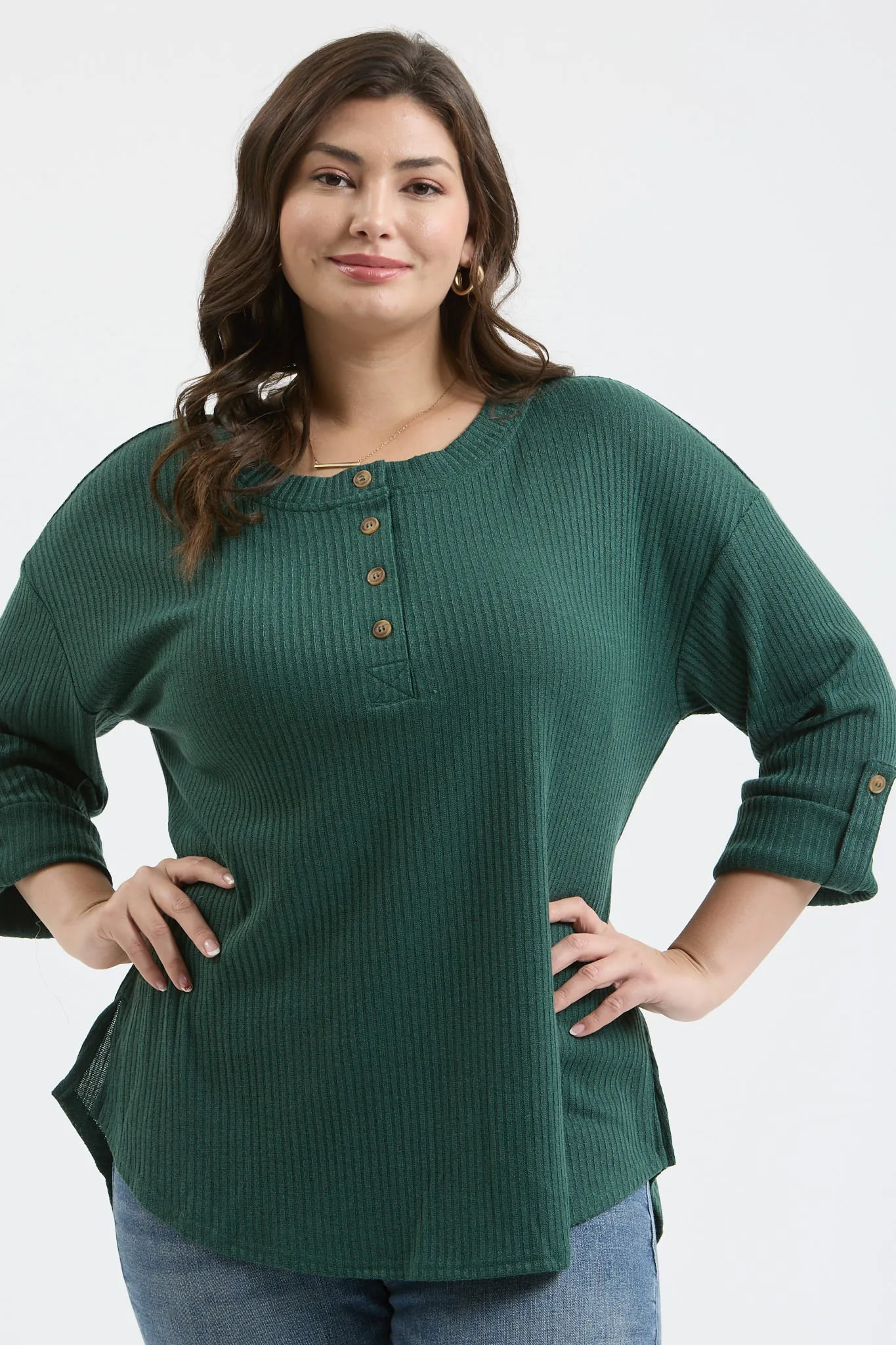 PLUS 3/4 TAB SLEEVE HENLEY KNIT TOP