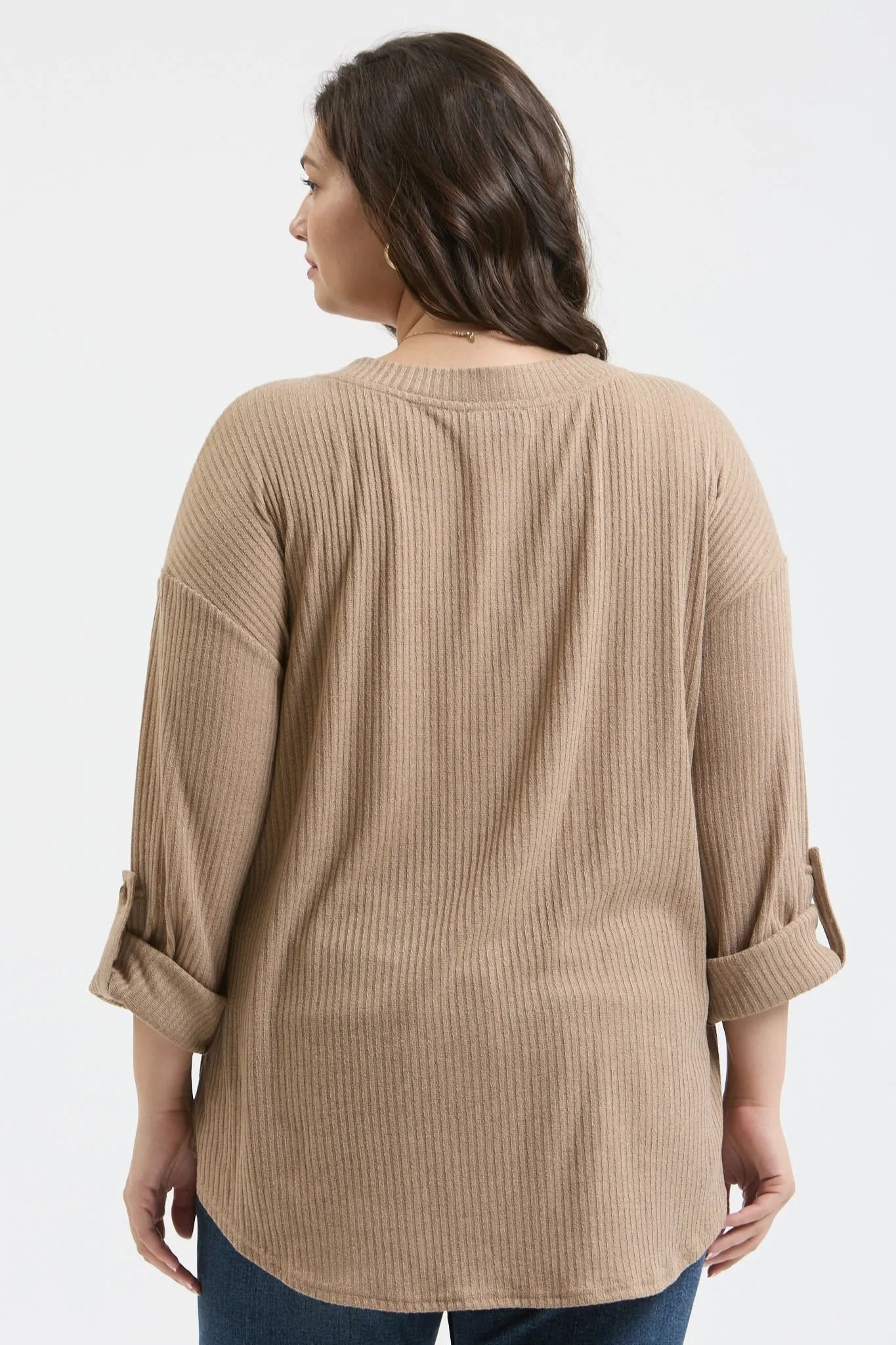 PLUS 3/4 TAB SLEEVE HENLEY KNIT TOP