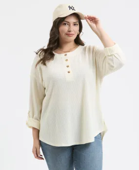 PLUS 3/4 TAB SLEEVE HENLEY KNIT TOP